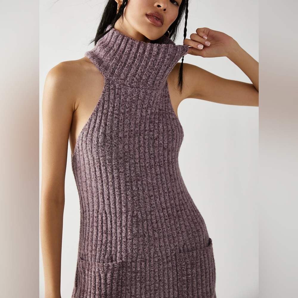 Free People Dress Womens Small Purple Claude High Neck Rib Bodycon Sweater Mini - Picture 2 of 10